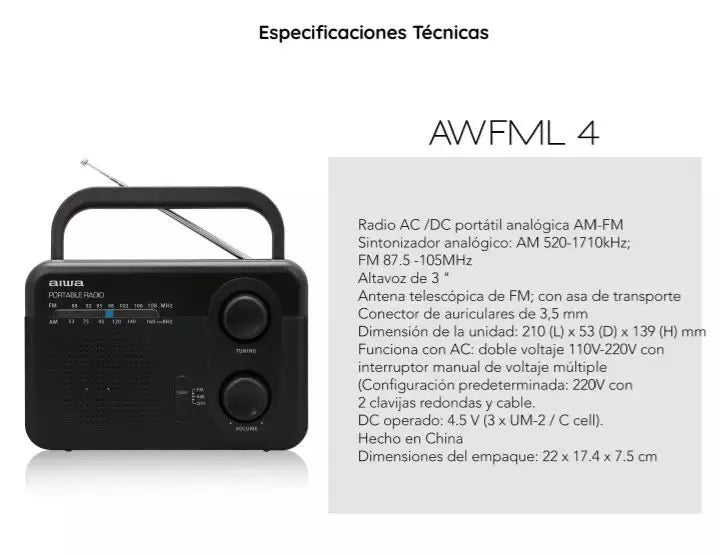 AIWA Radio AM/FM Portátil, AWFML4